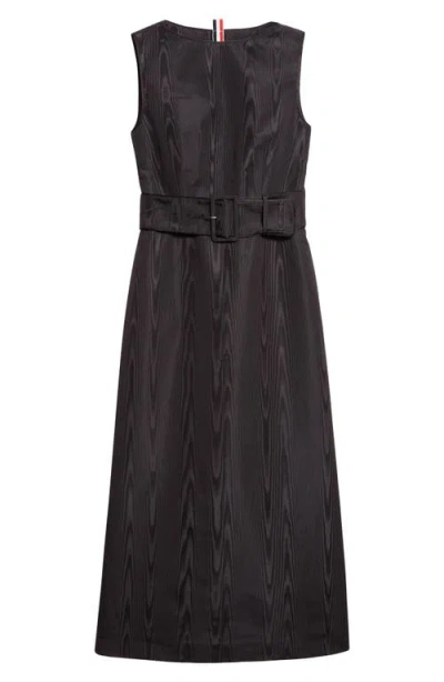 Thom Browne Bateau Neck Silk Moiré Belted Dress In Black