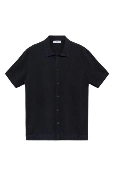 Mango Short Sleeve Rib-knit Button-up Shirt In Black