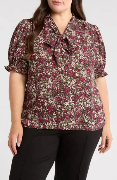 Jones New York Plus Size Printed Tie-neck Short-puff-sleeve Blouse In Multi