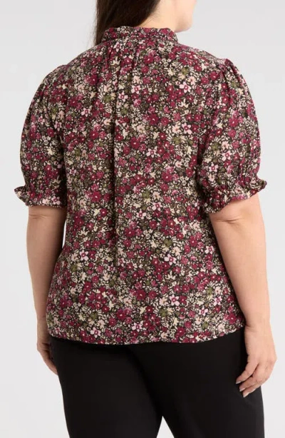 Jones New York Plus Size Printed Tie-neck Short-puff-sleeve Blouse In Multi