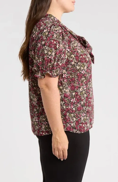 Jones New York Plus Size Printed Tie-neck Short-puff-sleeve Blouse In Multi