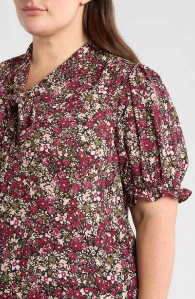 Jones New York Plus Size Printed Tie-neck Short-puff-sleeve Blouse In Multi