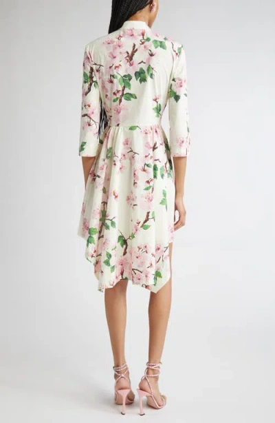 Oscar De La Renta Cherry Blossom Asymmetric Hem Stretch Poplin Shirtdress
