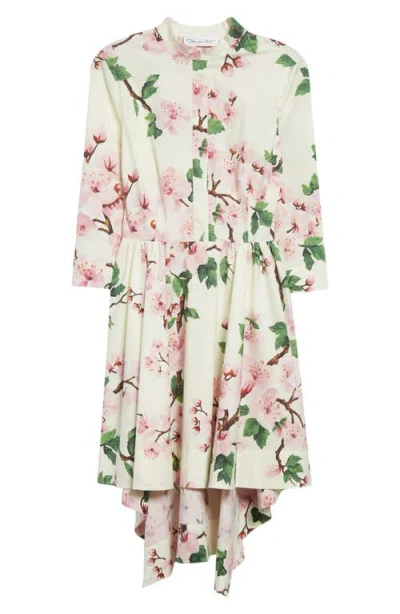 Oscar De La Renta Cherry Blossom Asymmetric Hem Stretch Poplin Shirtdress