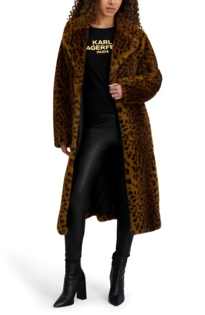 Karl Lagerfeld Leopard Print Faux Fur Wrap Coat In Brown