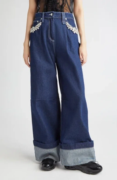 Simone Rocha Turbo Crystal Embellished Wide Leg Puddle Carpenter Jeans In Blue