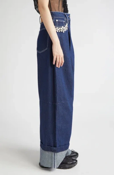 Simone Rocha Turbo Crystal Embellished Wide Leg Puddle Carpenter Jeans In Blue