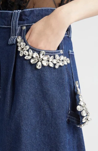 Simone Rocha Turbo Crystal Embellished Wide Leg Puddle Carpenter Jeans In Blue