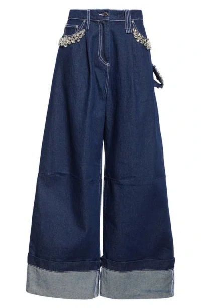 Simone Rocha Turbo Crystal Embellished Wide Leg Puddle Carpenter Jeans In Blue
