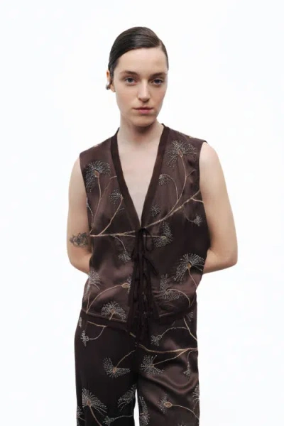 Nocturne Beaded Tie-front Vest In Brown