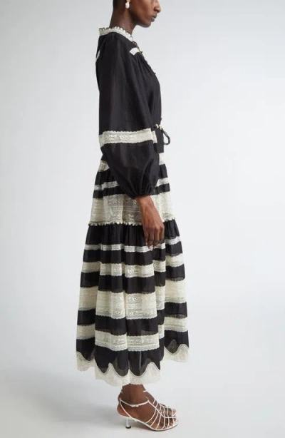 Zimmermann Rhiannon Lace Stripe Long Sleeve Billow Midi Shirtdress