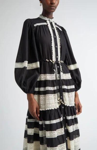Zimmermann Rhiannon Lace Stripe Long Sleeve Billow Midi Shirtdress