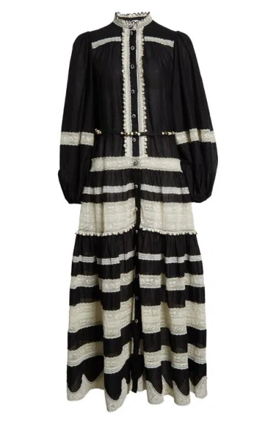 Zimmermann Rhiannon Lace Stripe Long Sleeve Billow Midi Shirtdress