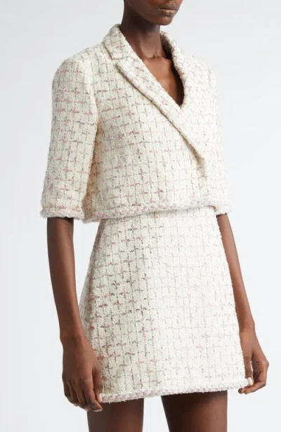Giambattista Valli Windowpane Check Tweed Crop Jacket In White