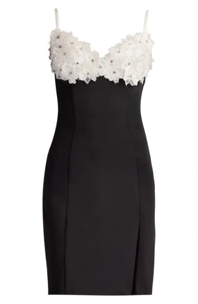 Sho By Tadashi Shoji 3-d Floral Bodice Mixed Media Cocktail Dress In Black
