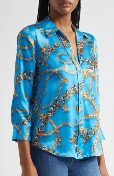 L Agence L'agence Dani Chain Print Three-quarter Sleeve Silk Button-up Shirt