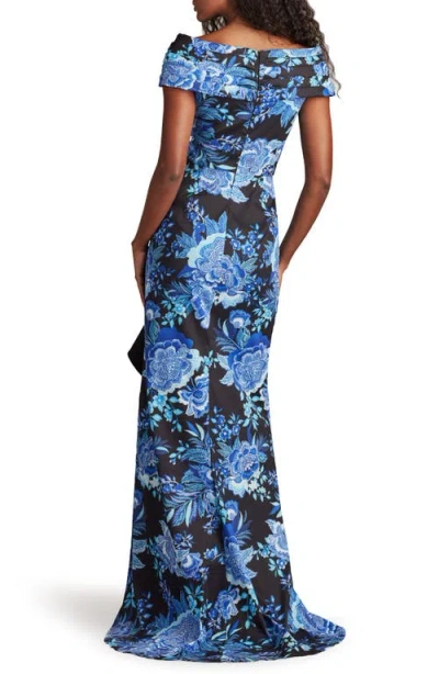 Tadashi Shoji Floral Print Ruffle Off The Shoulder Gown In Blue