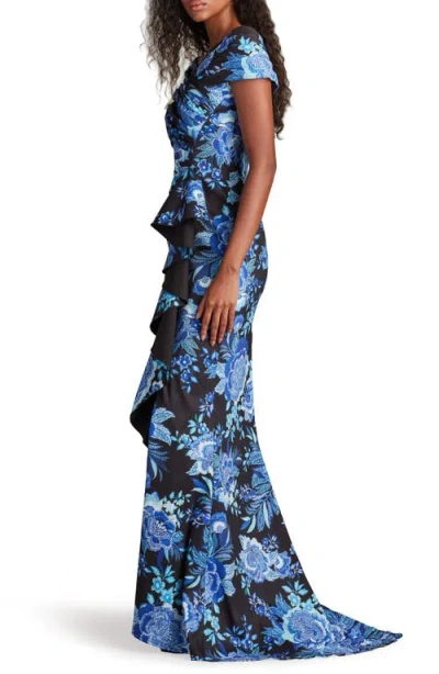 Tadashi Shoji Floral Print Ruffle Off The Shoulder Gown In Blue