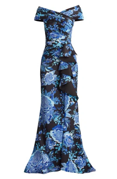 Tadashi Shoji Floral Print Ruffle Off The Shoulder Gown In Blue