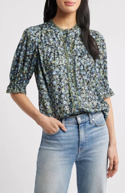 Wit & Wisdom Print Ruffle Eyelet Shirt