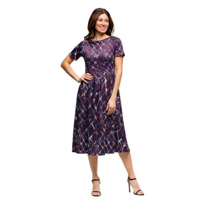 24seven Comfort Apparel Maternity Purple Print Short Sleeve Pleated Flare Midi Pocket Dress In Purple