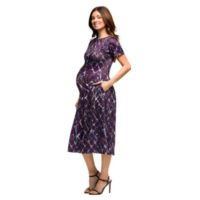 24seven Comfort Apparel Maternity Purple Print Short Sleeve Pleated Flare Midi Pocket Dress In Purple