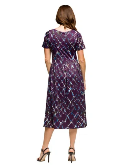 24seven Comfort Apparel Maternity Purple Print Short Sleeve Pleated Flare Midi Pocket Dress In Purple