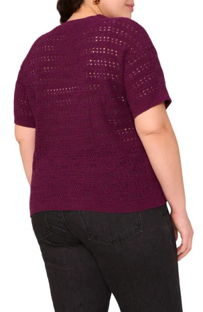 Vince Camuto Open Stitch Short Sleeve Crewneck Sweater In Purple
