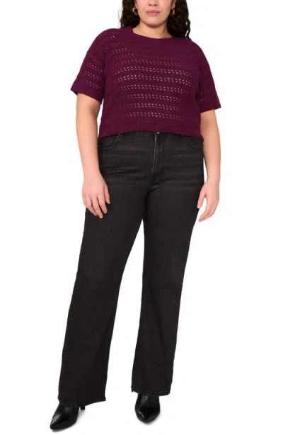 Vince Camuto Open Stitch Short Sleeve Crewneck Sweater In Purple
