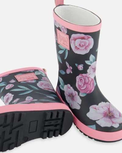 Deux Par Deux Baby Girl's Printed Rain Boots Pink, Black, And Flowers In Black