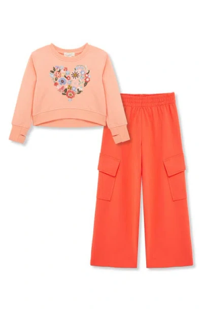 Peek Aren't You Curious Kids' Flower Embroidered Heart Sweatshirt & Knit Cargo Pants Set In Orange