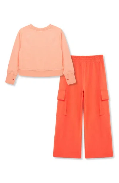 Peek Aren't You Curious Kids' Flower Embroidered Heart Sweatshirt & Knit Cargo Pants Set In Orange
