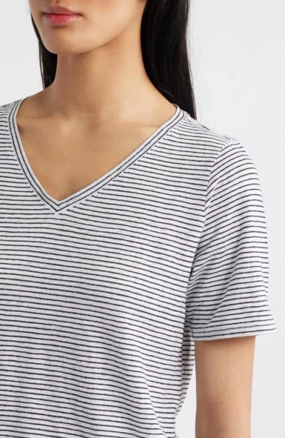Eileen Fisher Stripe V-neck Organic Linen T-shirt In White