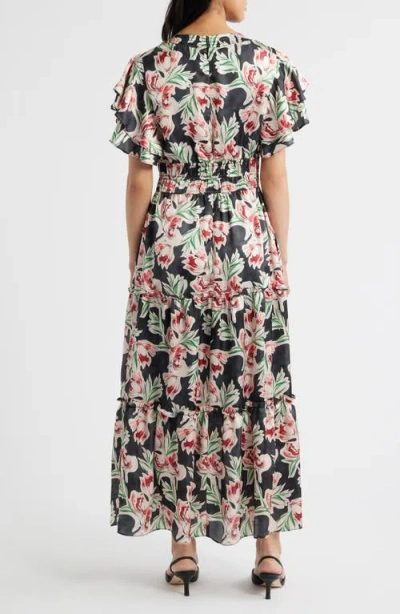 Julia Jordan Floral Tiered Split Neck Ruffle Sleeve Satin Dress In Multi