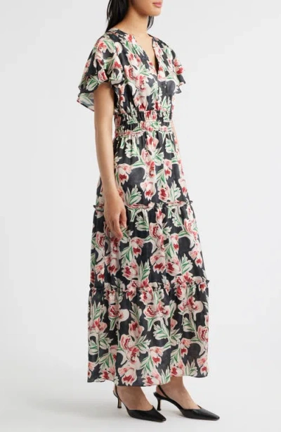 Julia Jordan Floral Tiered Split Neck Ruffle Sleeve Satin Dress In Multi
