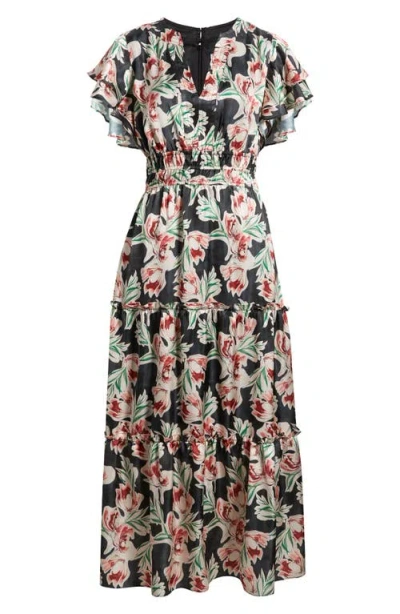 Julia Jordan Floral Tiered Split Neck Ruffle Sleeve Satin Dress In Multi