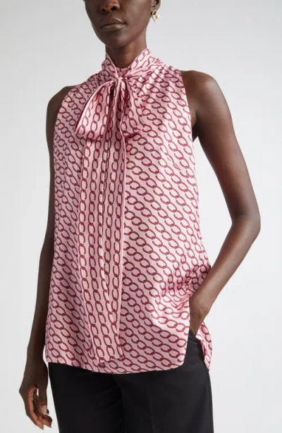 Oscar De La Renta Chain Print Tie Neck Silk Shift Dress In Pink