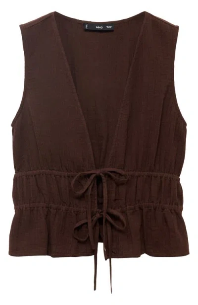 Mango Cotton Tie Front Sleeveless Top In Brown