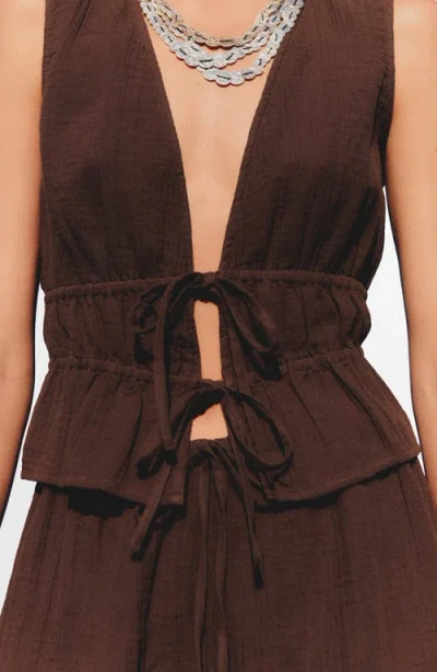 Mango Cotton Tie Front Sleeveless Top In Brown
