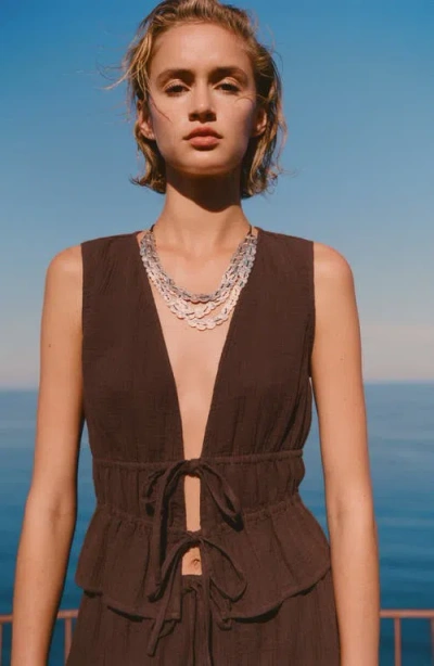 Mango Cotton Tie Front Sleeveless Top In Brown