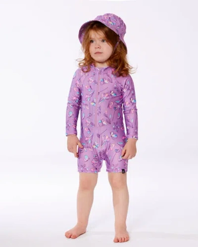 Deux Par Deux Little Girl's Printed Beach Sun Hat Old Mauve And Multicolored Butterflies In Pink