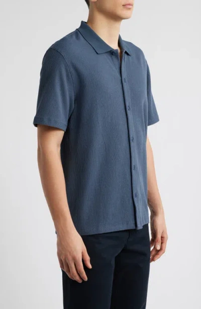 Vince Textured Double Knit Short Sleeve Button-up Shirt In Blue
