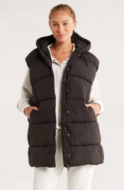 Zella Longline Hooded Puffer Vest In Brown