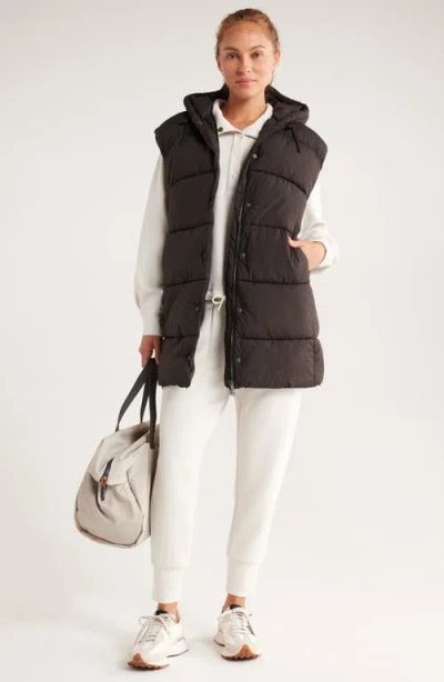 Zella Longline Hooded Puffer Vest In Brown