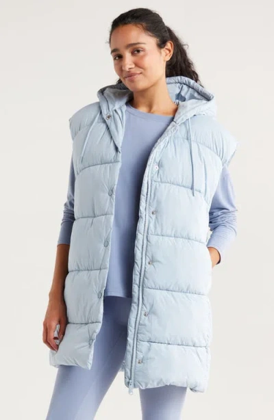 Zella Longline Hooded Puffer Vest In Blue