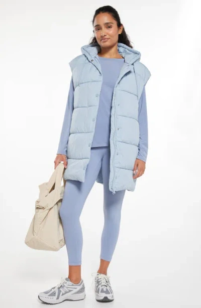 Zella Longline Hooded Puffer Vest In Blue