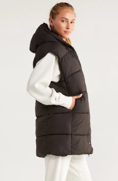 Zella Longline Hooded Puffer Vest In Brown