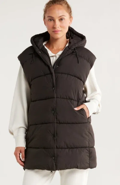 Zella Longline Hooded Puffer Vest In Brown