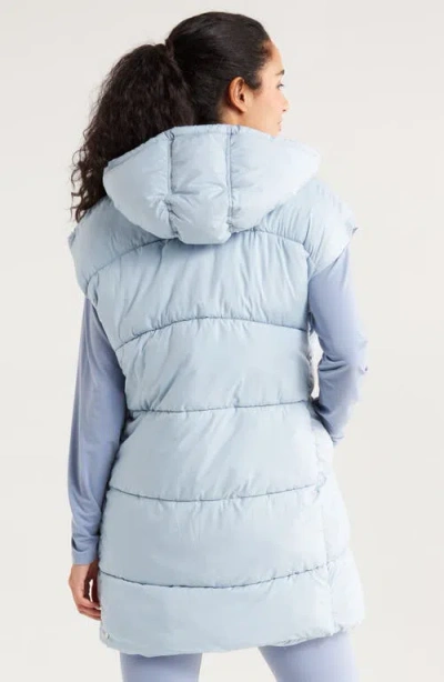 Zella Longline Hooded Puffer Vest In Blue