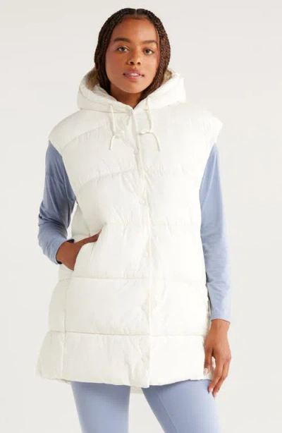 Zella Longline Hooded Puffer Vest In White